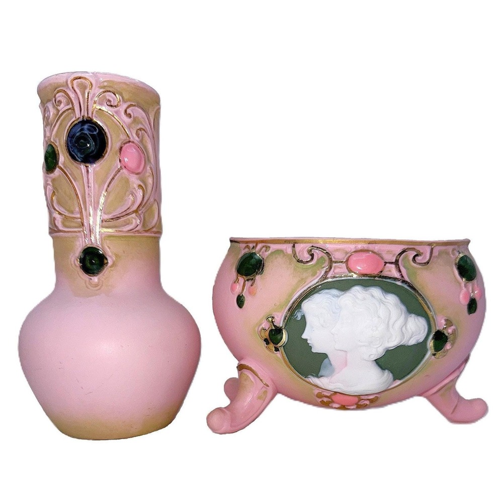 Antique Schafer-Vater Pink Jasperware Vanity Set Oblong Bowl & Crown Star Vase